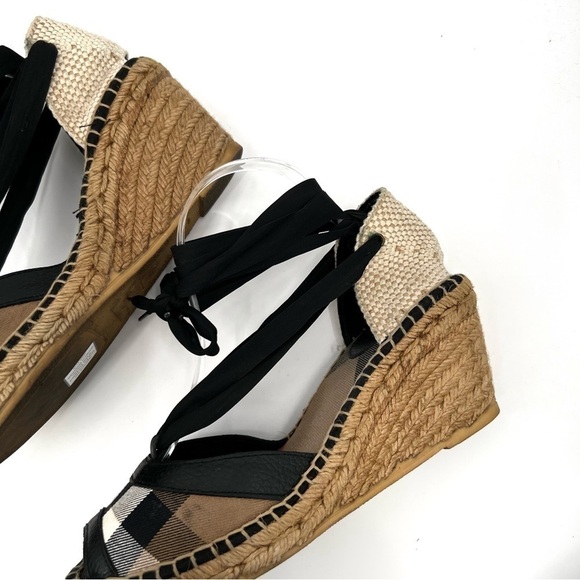 Burberry Espadrille Black Tan Brown Check Logo Tartan Plaid Print Wedge size 40 - Picture 15 of 16